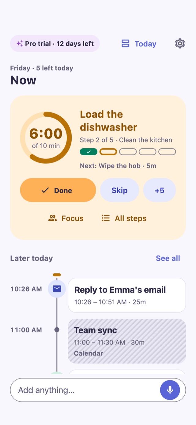 Nextling's Now card counting down a 10-minute step, with Done, Skip and +5 buttons.